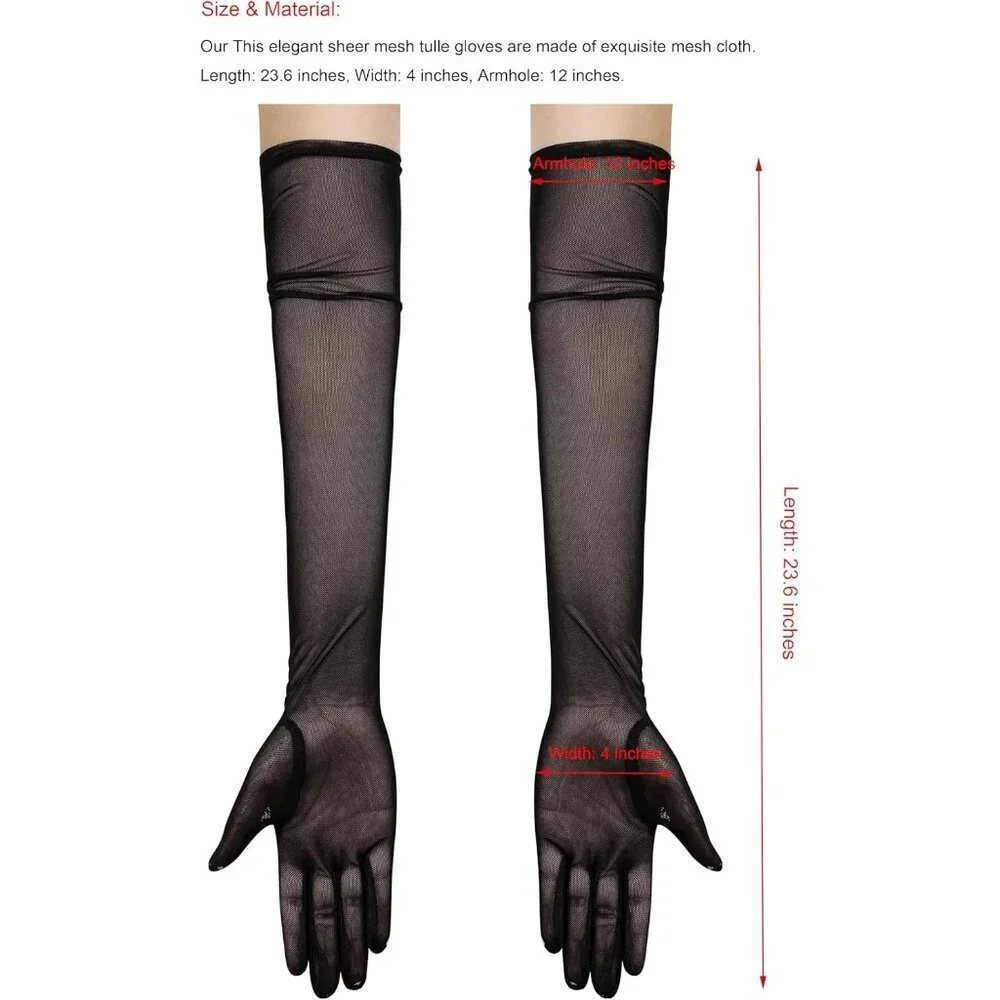 Women's Tulle Mesh Black Long Stretchy Gloves Halloween Party Wedding Costume